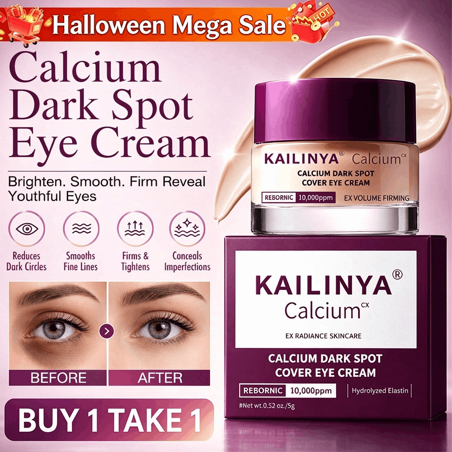 Halloween Mega Sale – Buy 1 Take 1 – Calcium Dark Spot Eye Cream – Intensive Lifting & 2-in-1 Concealer Formula for Fine Lines, Dark Circles & Hollow Under-Eyes – Soft, Smooth & Brighten Eye Care